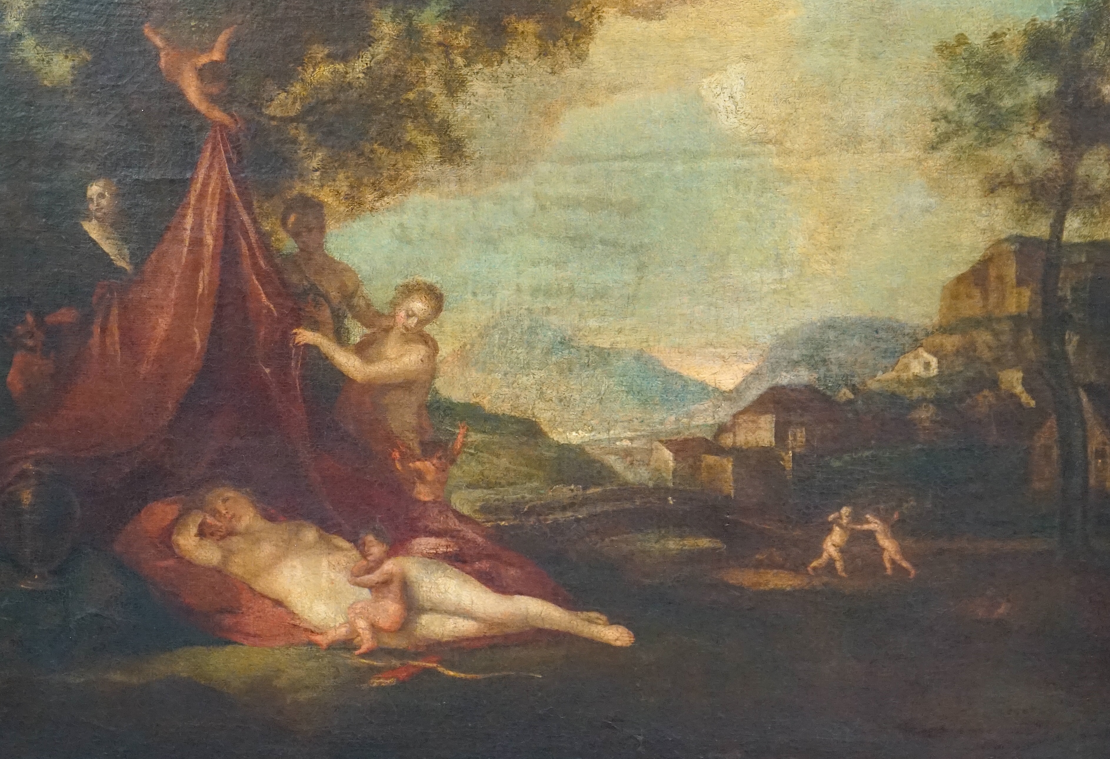 18th century French School, Venus sleeping in a landscape with attendants, oil on canvas, 54 x 71cm